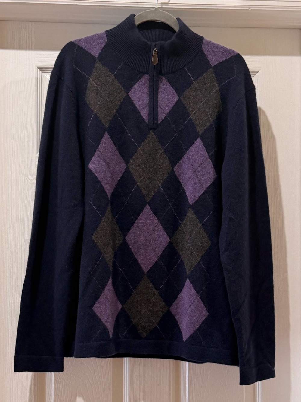 Daniel Bishop Cashmere Men's Navy Quarter Zip Sweater with Purple & Gray Diamond